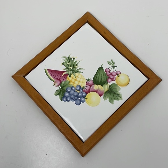 Vintage Trivet Wall Decor Ceramic Fruit Tile in Wooden Frame - Picture 4 of 4